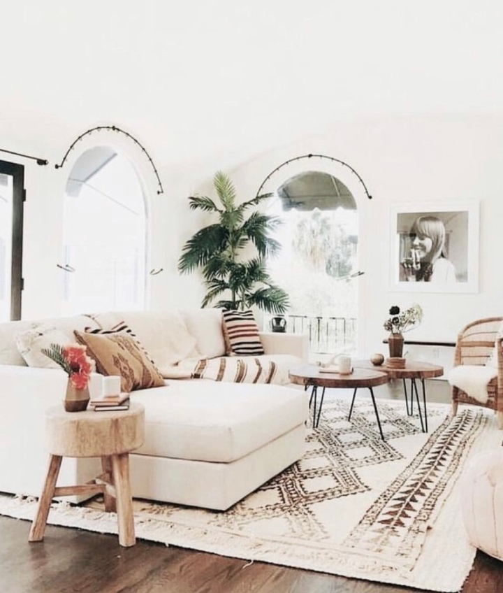 Modern boho living room neutral living room Moroccan shag rug